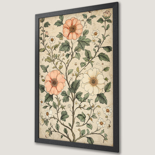 Framed Poster featuring botanical illustration with peach, green, and cream color palette. Perfect floral wall art.