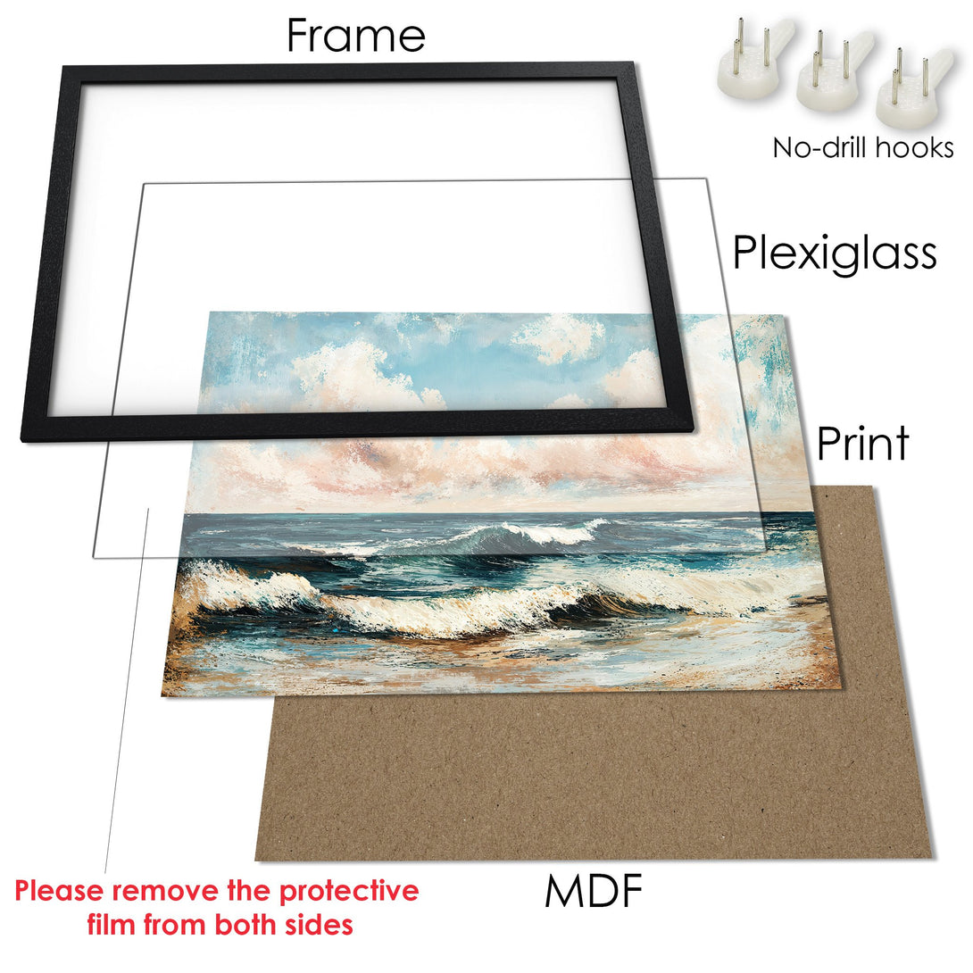 Framed Poster of a seascape painting. Features ocean waves, sky, and sand in a blue, beige, and white color palette. Perfect for home decor.