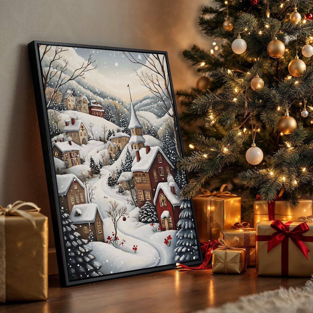 Framed Wall Art: Winter village scene canvas print, warm colors, cozy holiday decor. Perfect Christmas gift!