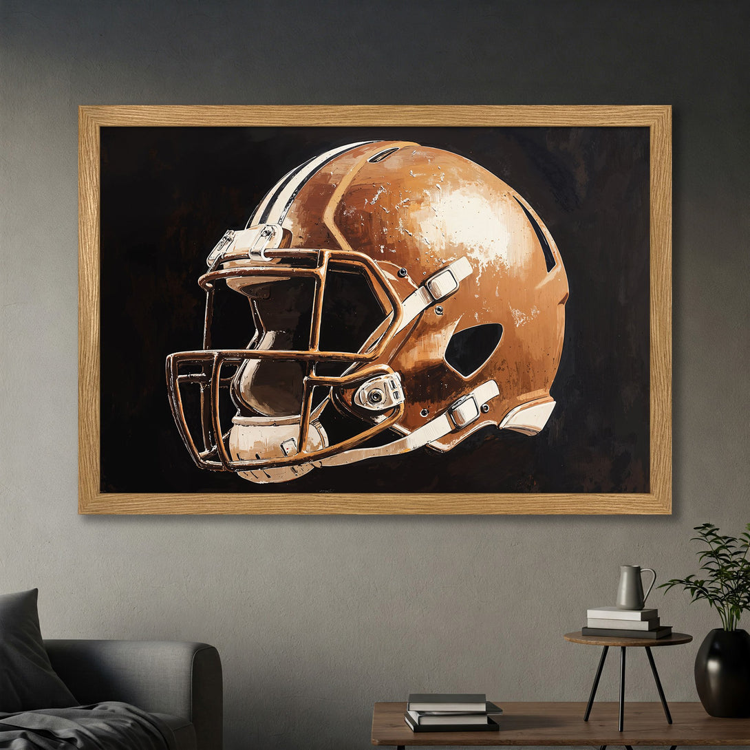 Framed Poster featuring a football helmet in a painterly style with a brown and black color palette. Perfect for sports fans!