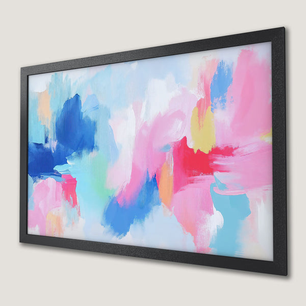 Framed Poster featuring abstract art in a vibrant pink, blue, and yellow color palette. Modern wall decor.