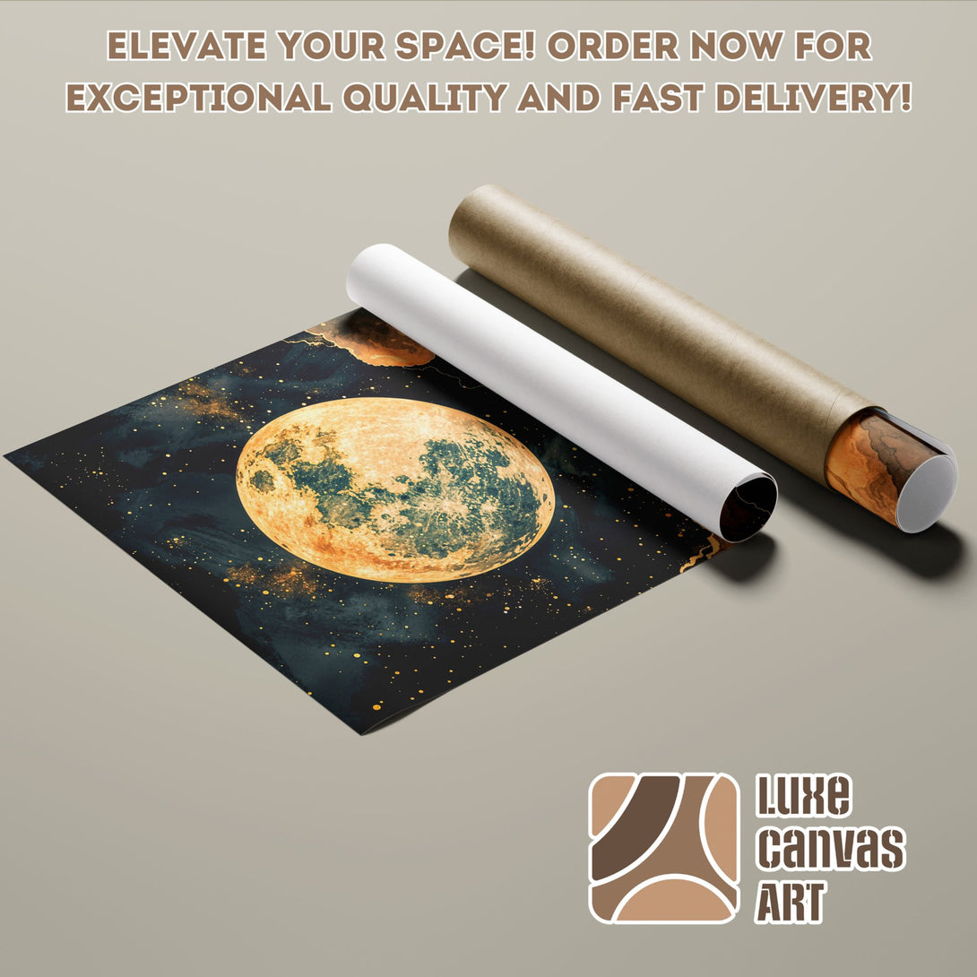 Poster Roll featuring a celestial, abstract design with a dark blue and gold color palette. Order yours today!