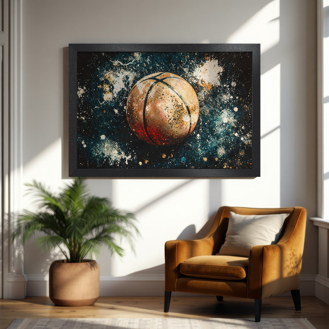 Framed Poster featuring a basketball in an abstract style with a teal, gold, and brown color palette. Perfect wall art!