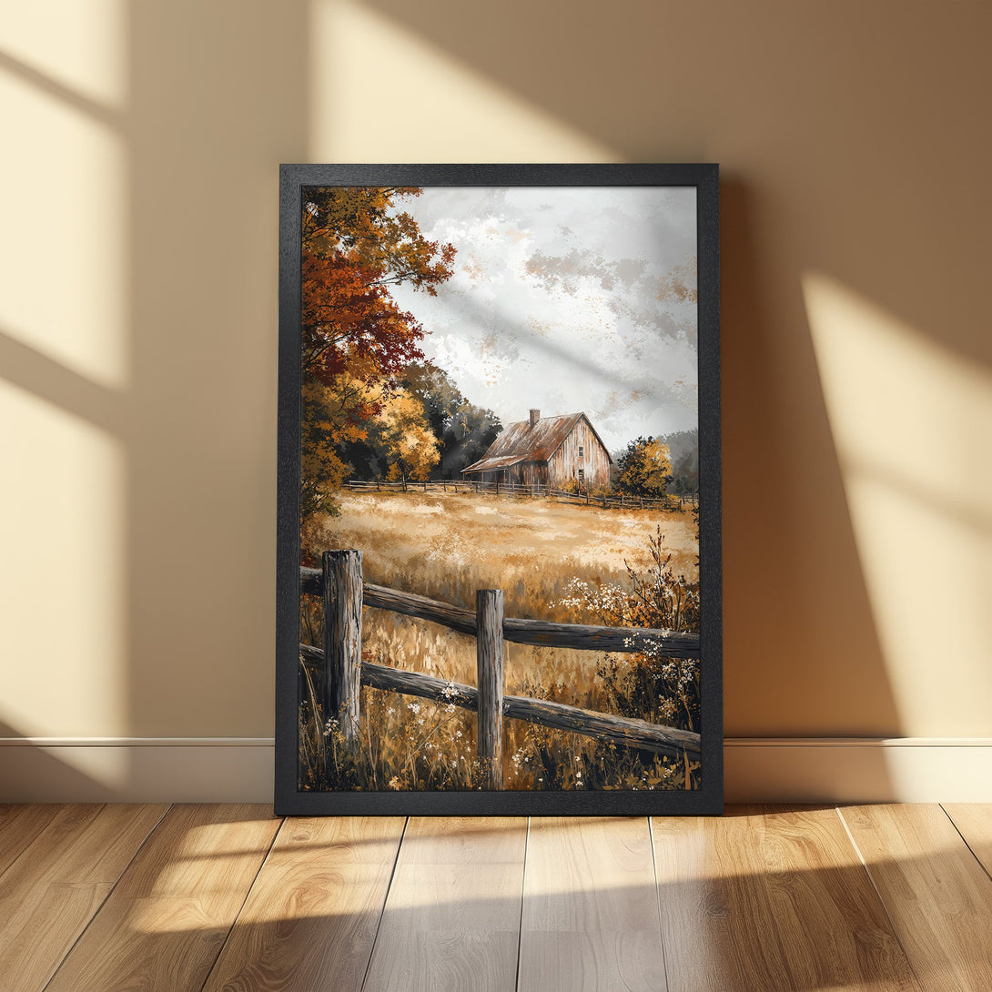 Framed Poster of a rustic barn scene in warm autumn colors. Perfect wall art for farmhouse decor.