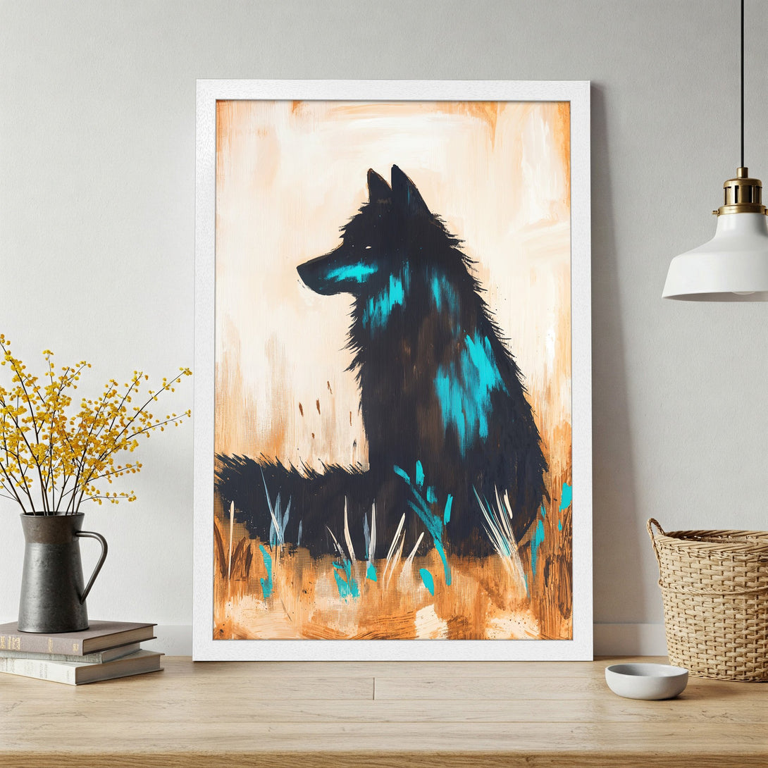 Framed Poster featuring a black wolf in an abstract style with teal and brown accents. Modern art print for home decor.