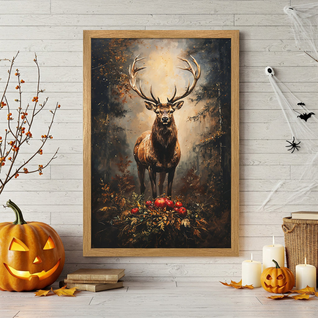 Framed Poster featuring a woman's face with floral crown, abstract style, purple and pink hues. Perfect Halloween decor.