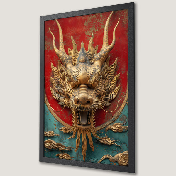 Framed Poster featuring a golden dragon head on red and teal background. Asian-inspired art with a rich, detailed style.