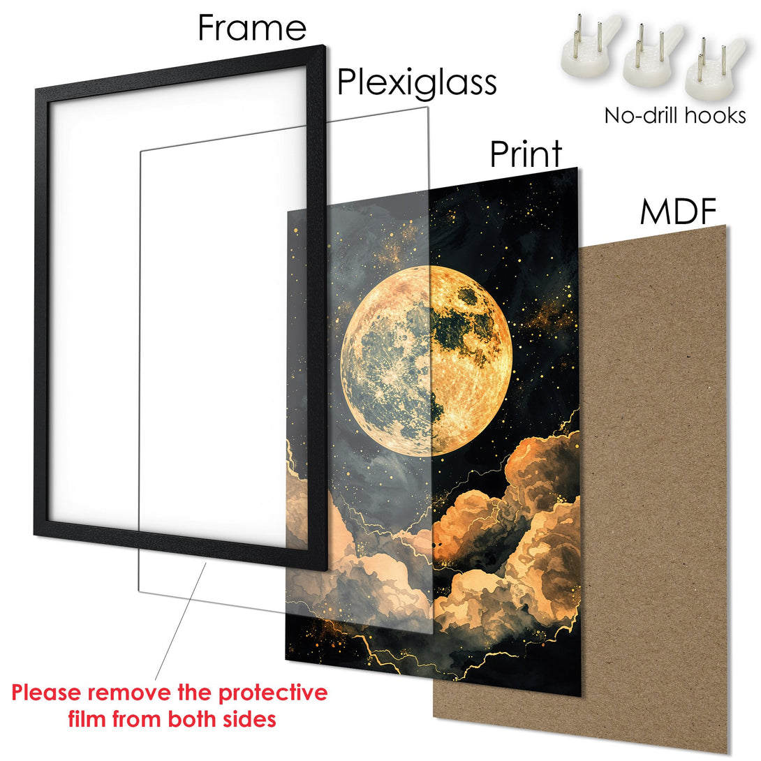 Framed Poster featuring a celestial moon design in a gold, black and grey color palette. Perfect wall art for any space!
