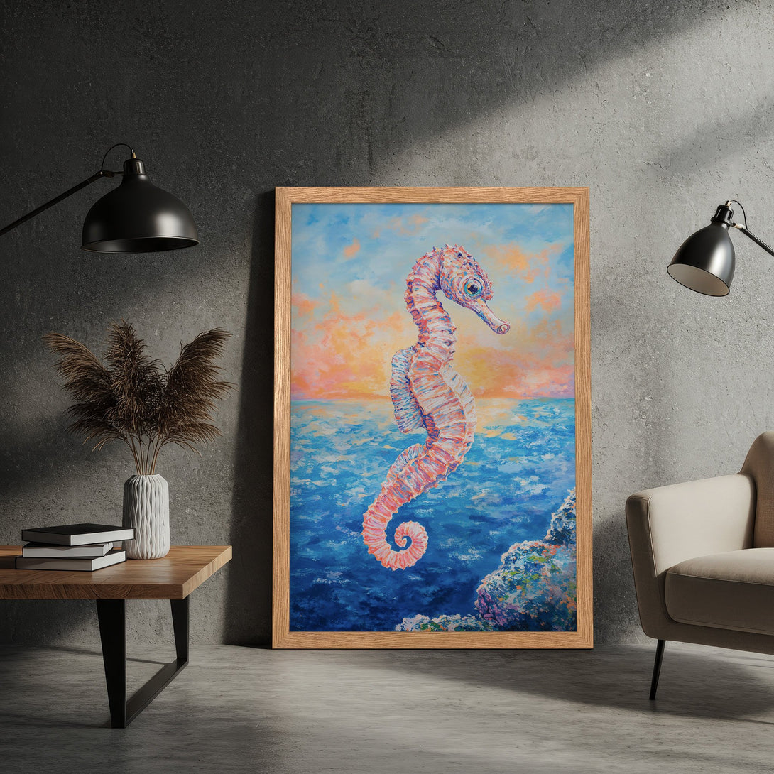 Framed Poster featuring a vibrant seahorse painting in a colorful palette of blues, pinks, and oranges. Perfect wall art!