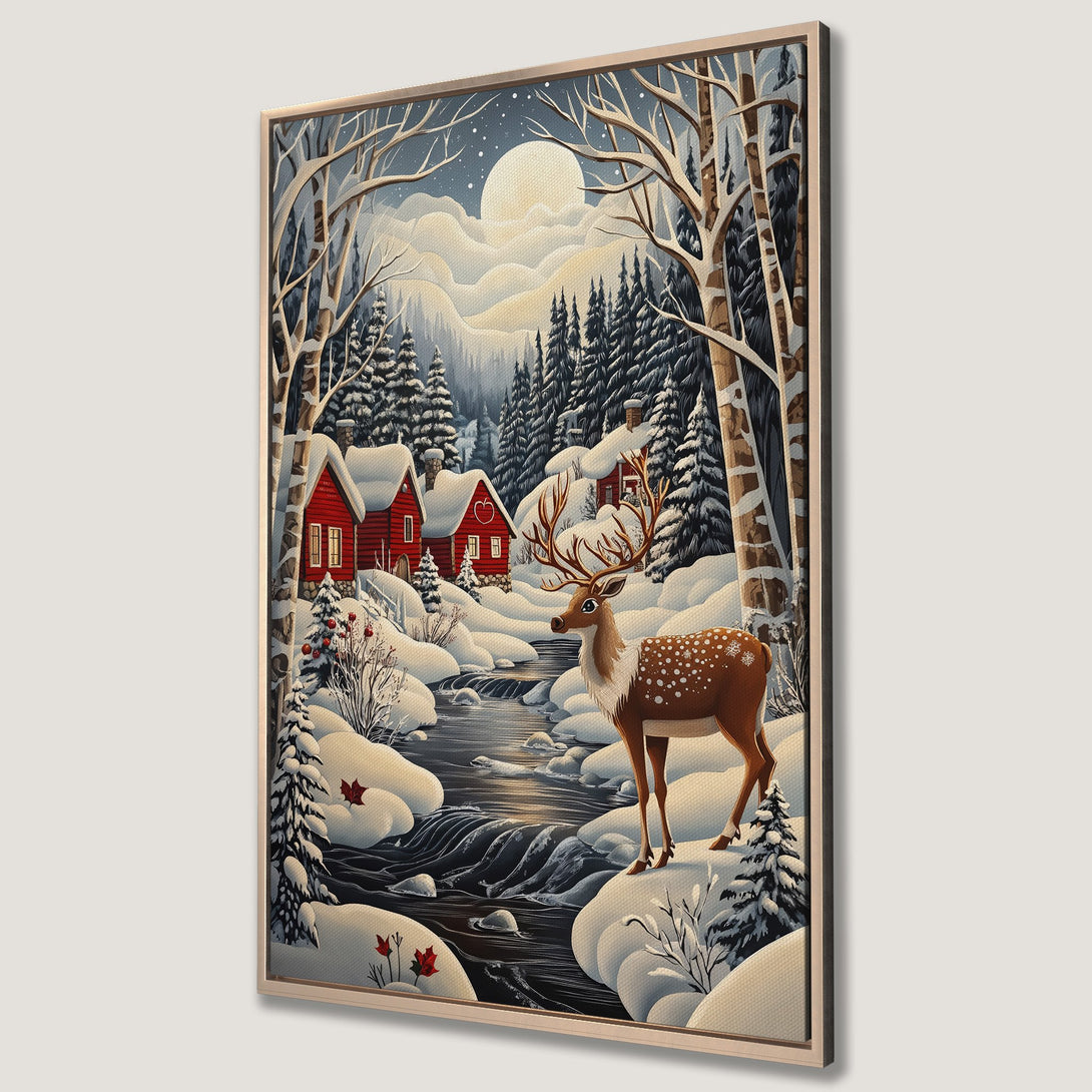 Framed Wall Art: Winter scene with red cabins, deer, and snowy landscape. Cozy art with a cool blue, white, and brown color palette. Perfect for holiday decor.