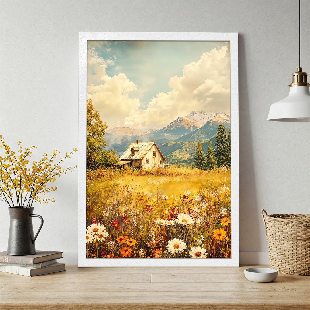 Framed Poster of a rustic cabin in a field, painted in a warm, impressionistic style with a golden and blue color palette. Perfect wall art!
