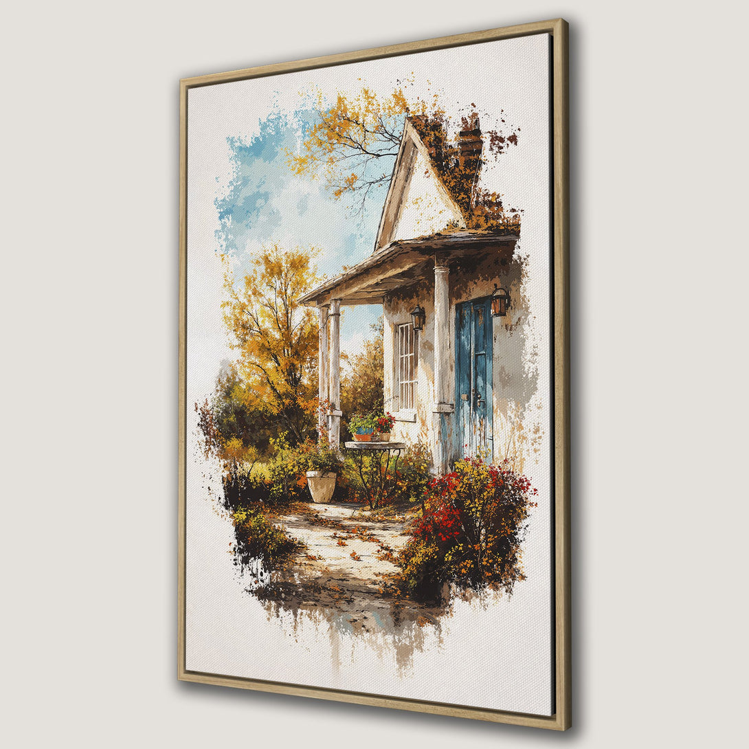Framed Wall Art: Cozy cottage scene in warm autumn hues. Impressionistic style Canvas Print with a charming blue door and golden foliage. Perfect home decor.