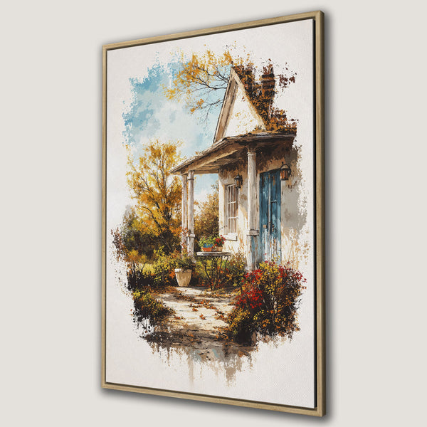 Framed Wall Art: Cozy cottage scene in warm autumn hues. Impressionistic style Canvas Print with a charming blue door and golden foliage. Perfect home decor.