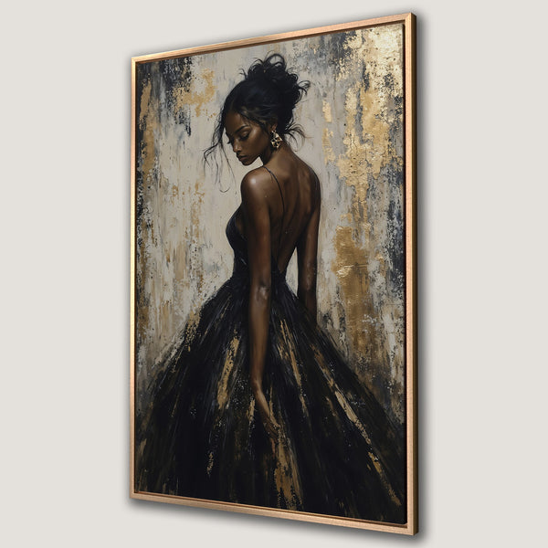 Framed Wall Art of elegant woman in black dress, abstract style with gold and neutral tones. Perfect for modern home decor.