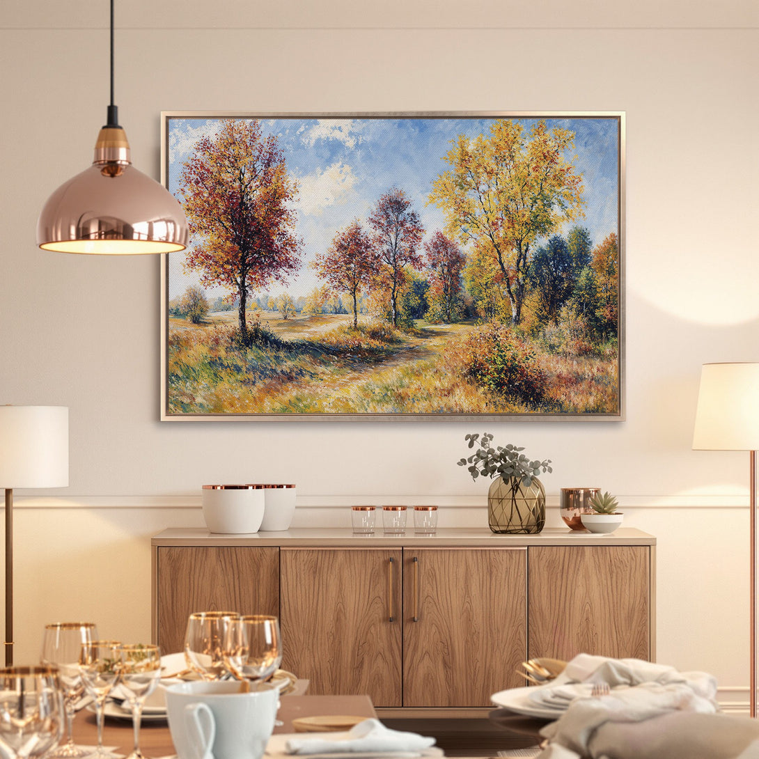 Framed Wall Art: Autumn landscape Canvas Print with warm, earthy tones. Bring the beauty of nature into your home!