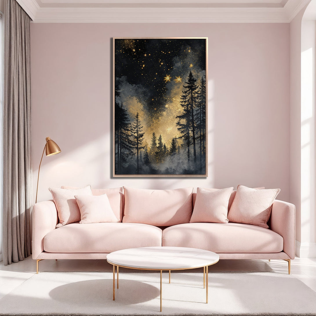 Framed Wall Art: Stunning forest scene Canvas Print with a dark, moody color palette and gold accents. Perfect for adding a touch of elegance to your home decor.