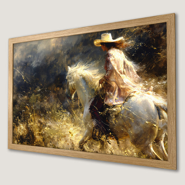 Framed Poster: Cowgirl riding a white horse, impressionistic style, gold and dark color palette. Perfect wall art!
