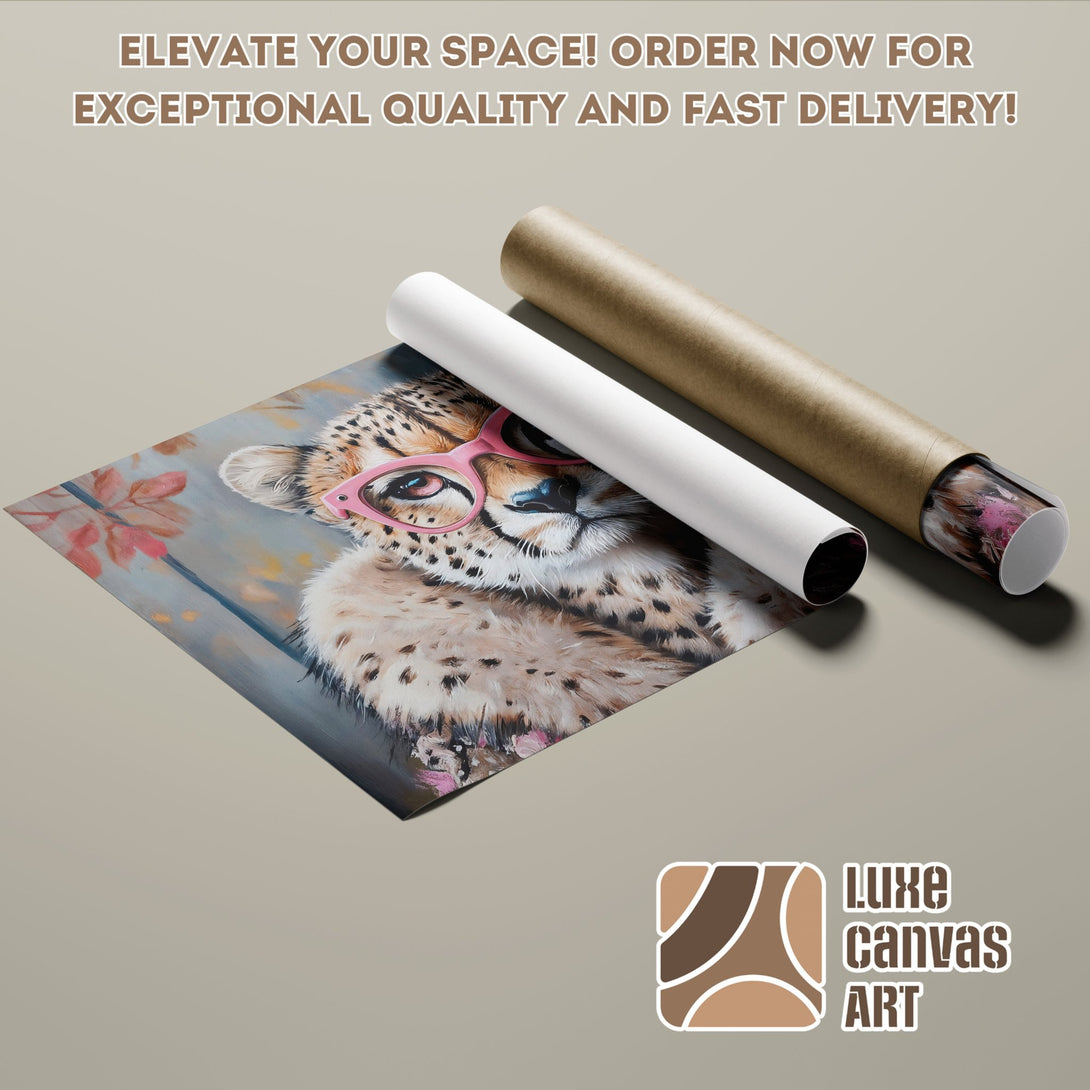 Cheetah Poster Roll, animal art print with pink glasses, neutral color palette, order now!