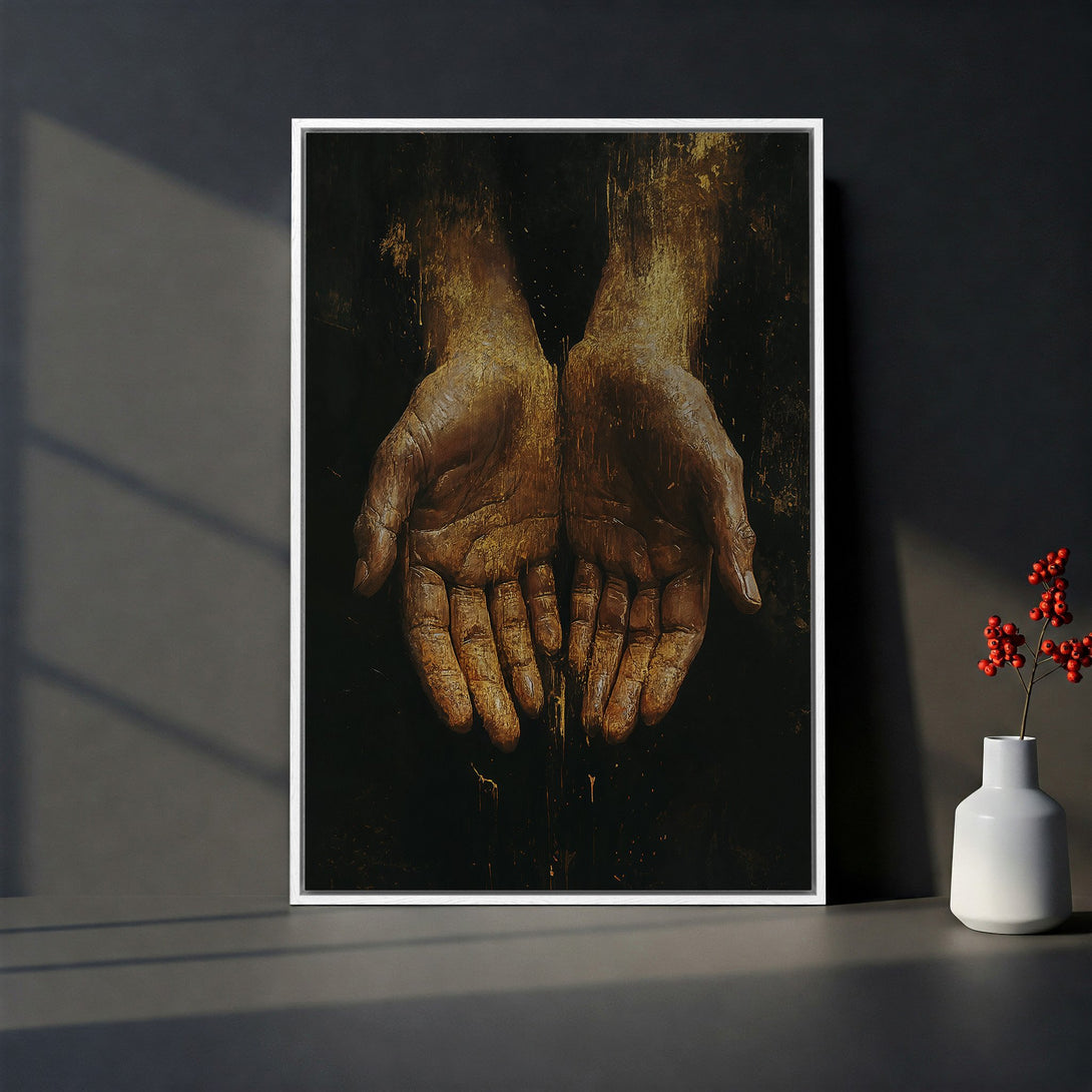 Framed Wall Art featuring a detailed painting of hands in warm gold tones against a dark background. Perfect for adding a touch of elegance to your space.