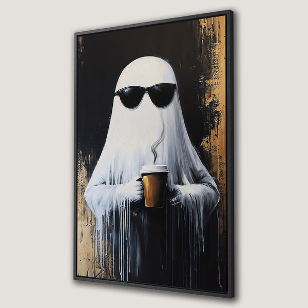 Framed Wall Art: Cool ghost in sunglasses enjoying coffee. Modern abstract art with black, white, and gold color palette. Unique canvas print for your home decor.
