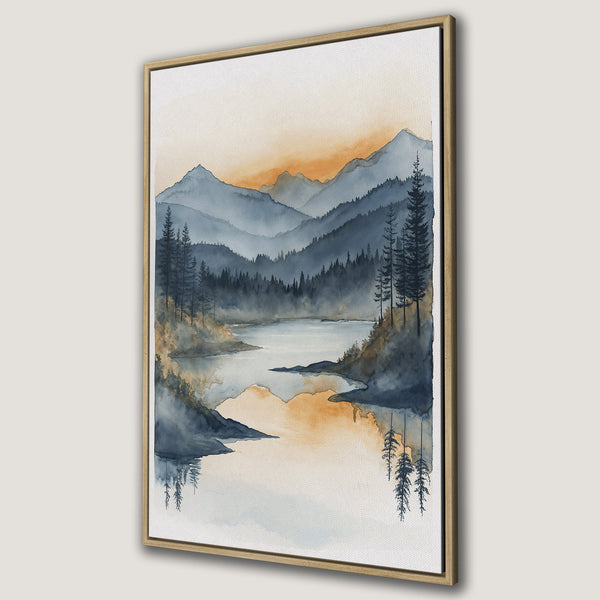 Framed Wall Art: Watercolor landscape Canvas Print with mountains, lake, and trees in blue and orange hues. Perfect for nature lovers!