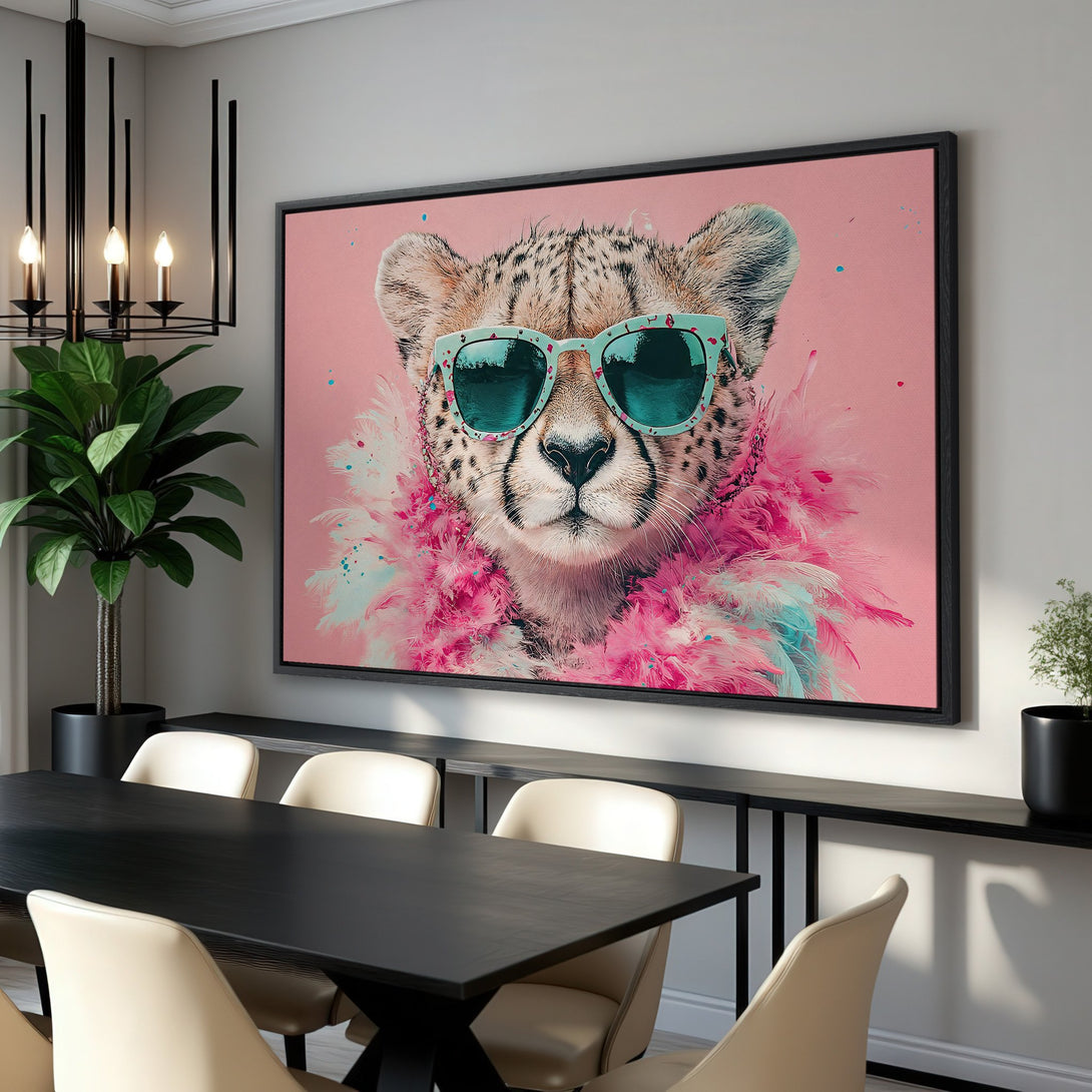 Framed Wall Art: Stylish cheetah portrait with sunglasses and pink feather boa. Modern art in a pink, teal, and neutral color palette. Perfect wall decor!
