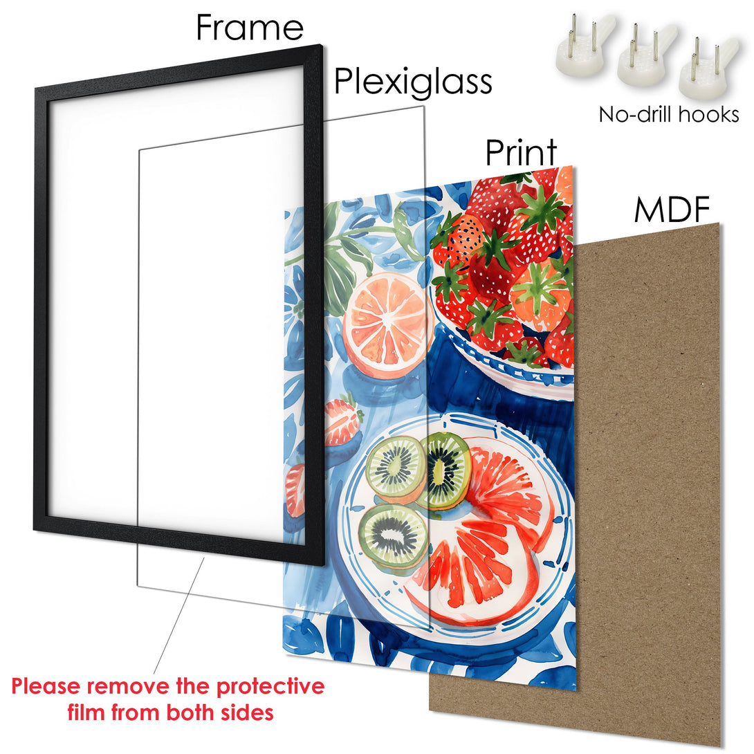 Framed Poster featuring a watercolor fruit still life. Vibrant red, blue, and green color palette. Perfect kitchen wall art.