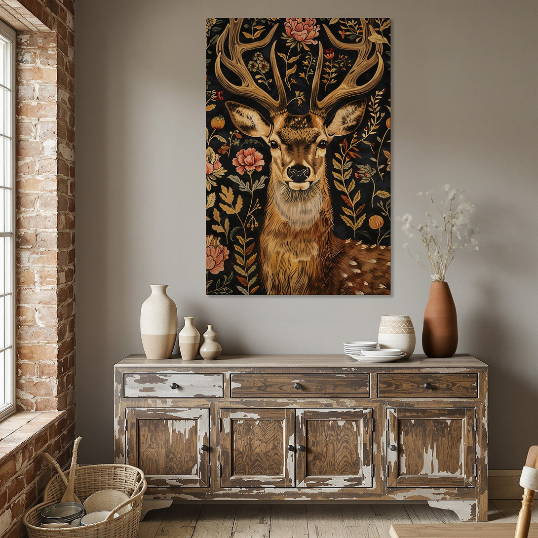 Framed Wall Art featuring a majestic deer with floral details in warm, earthy tones. Perfect for adding a touch of nature-inspired elegance to your home decor.