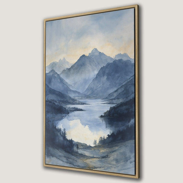 Framed Wall Art Canvas Print of a serene mountain lake landscape in watercolor style. Features a calming blue and neutral color palette, perfect for home decor.