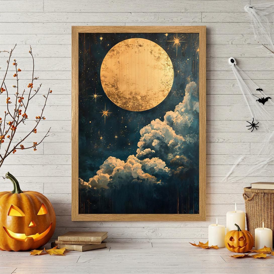 Framed Poster featuring a golden full moon and starry night sky, artistic style, dark blue and gold color palette, perfect for Halloween decor.