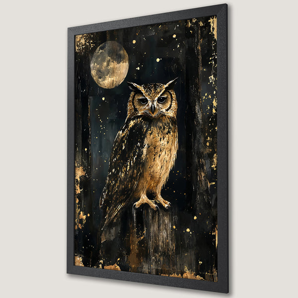 Framed Poster featuring an owl against a dark, abstract background with gold accents. A stunning piece of art with a bold color palette.