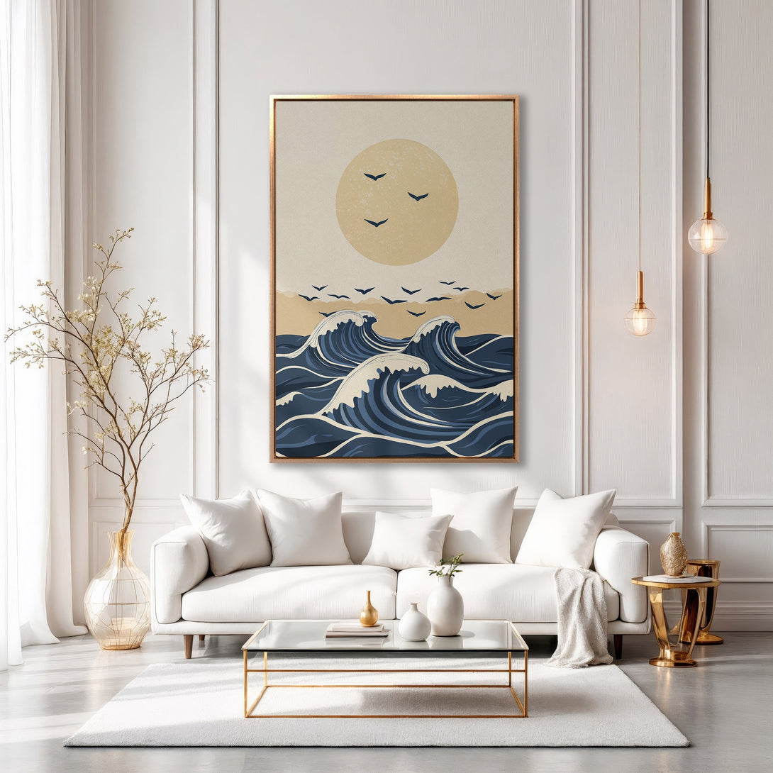 Framed Wall Art featuring a serene ocean wave design in a calming blue and beige palette, perfect for adding a touch of coastal elegance to your home.