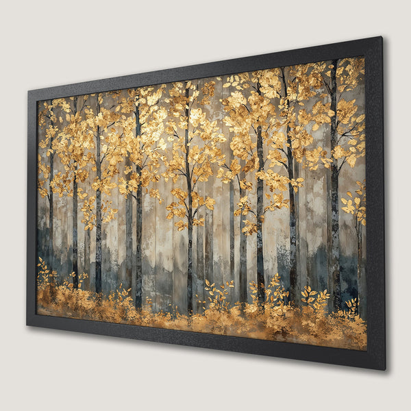 Framed Poster featuring a forest scene with gold leaves, in a neutral color palette. Perfect wall art!