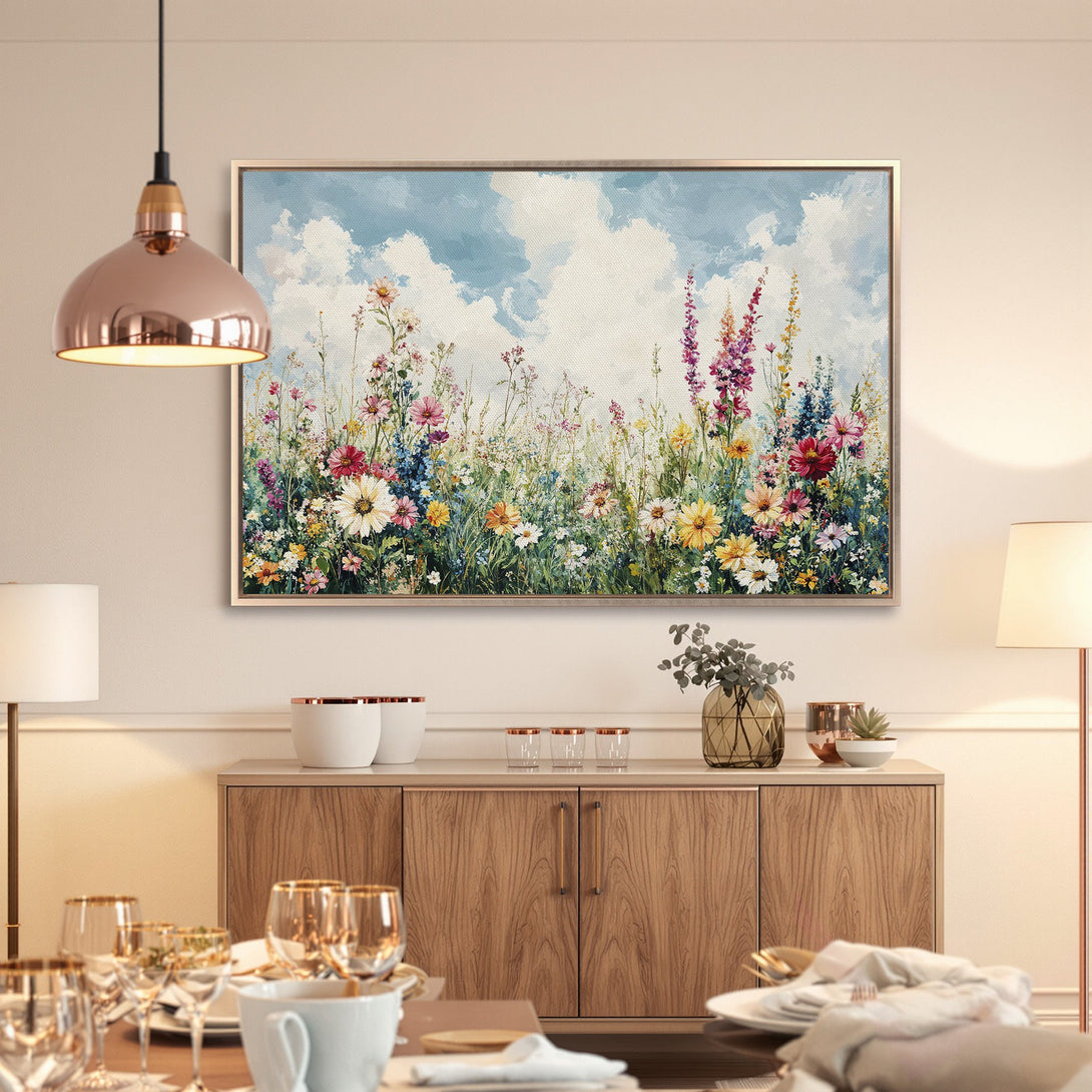 Framed Wall Art featuring a vibrant floral meadow painting with blue sky background. Colorful canvas print adds a touch of nature to any interior.