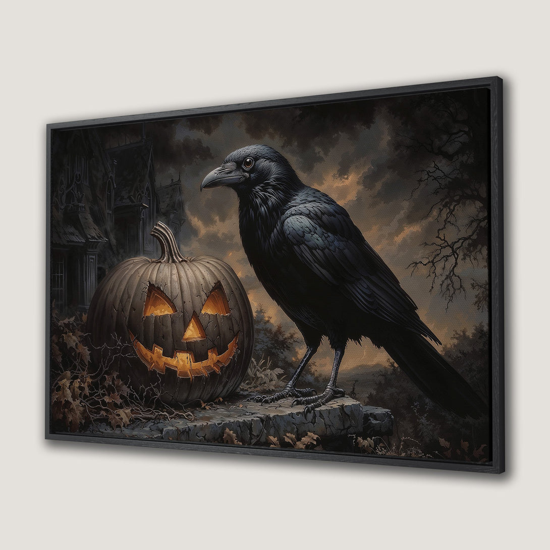 Framed Wall Art: Spooky Halloween scene with raven & jack-o'-lantern. Dark, moody color palette. Perfect for adding a touch of gothic style to your home.
