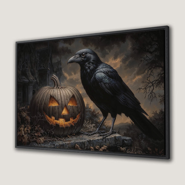 Framed Wall Art: Spooky Halloween scene with raven & jack-o'-lantern. Dark, moody color palette. Perfect for adding a touch of gothic style to your home.