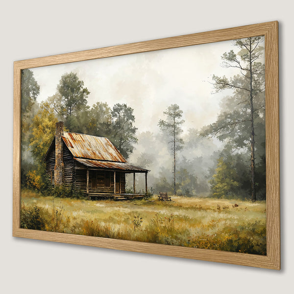 Framed Poster of a rustic cabin in a misty forest. Earthy tones create a serene, vintage-inspired aesthetic. Perfect wall art!
