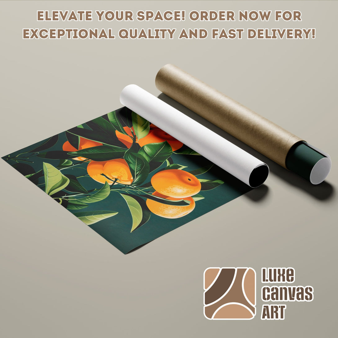 Orange fruit Poster Roll art, botanical style, green and orange palette. Elevate your space!
