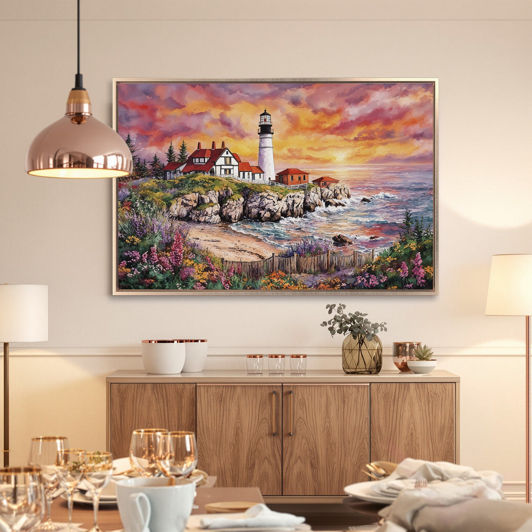 Framed Wall Art: Lighthouse painting with sunset, warm color palette. Coastal art for home decor.