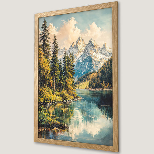 Framed Poster of a stunning mountain lake landscape. Beautiful art print with vibrant blues, greens, and yellows. Perfect wall decor!