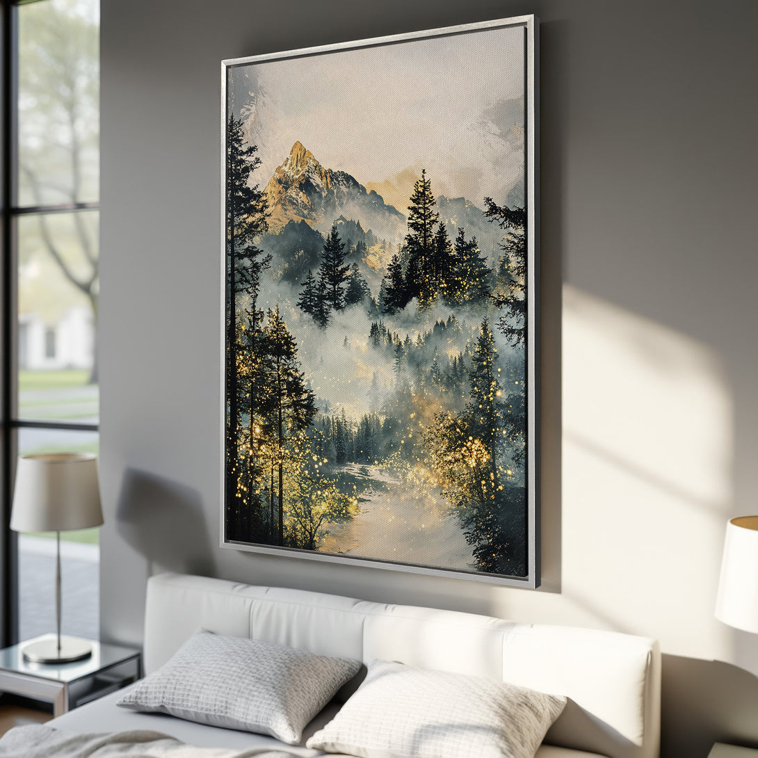 Framed Wall Art of a misty mountain forest in a gold and teal color palette. Perfect for adding a touch of nature to your home decor.