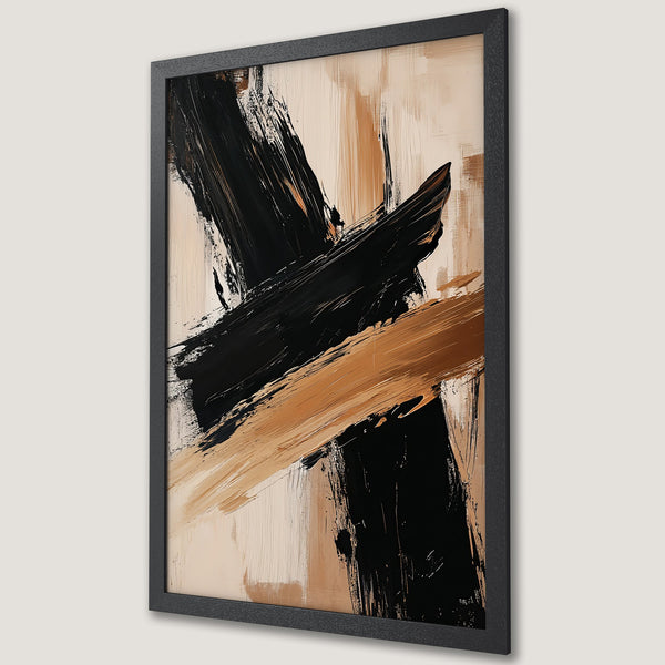 Framed Poster featuring abstract brushstrokes in black, beige, and brown. Modern art print for home decor.
