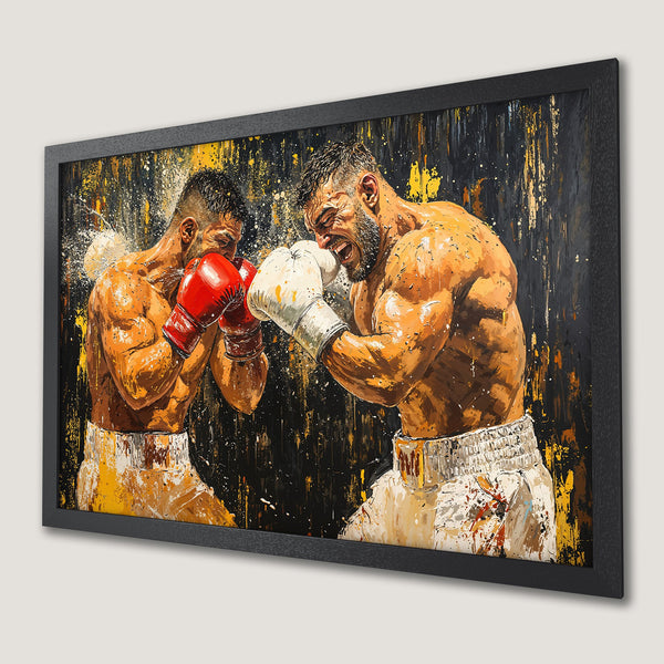 Framed Poster featuring a dynamic boxing match. Bold, expressive style with a warm, earthy palette of browns, yellows, and blacks. Add this art to your space!