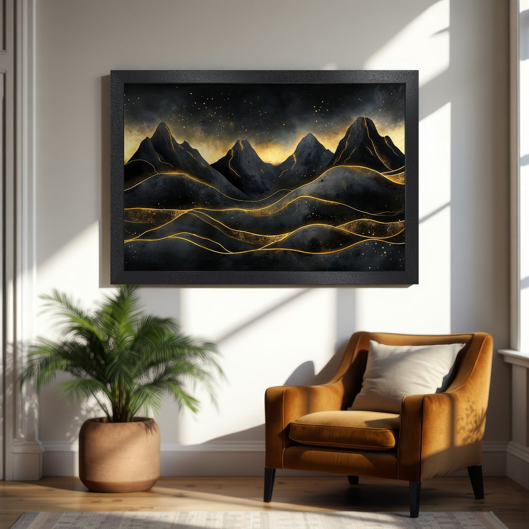 Framed Poster featuring abstract mountain landscape art in black and gold. Modern wall decor for a stylish home.