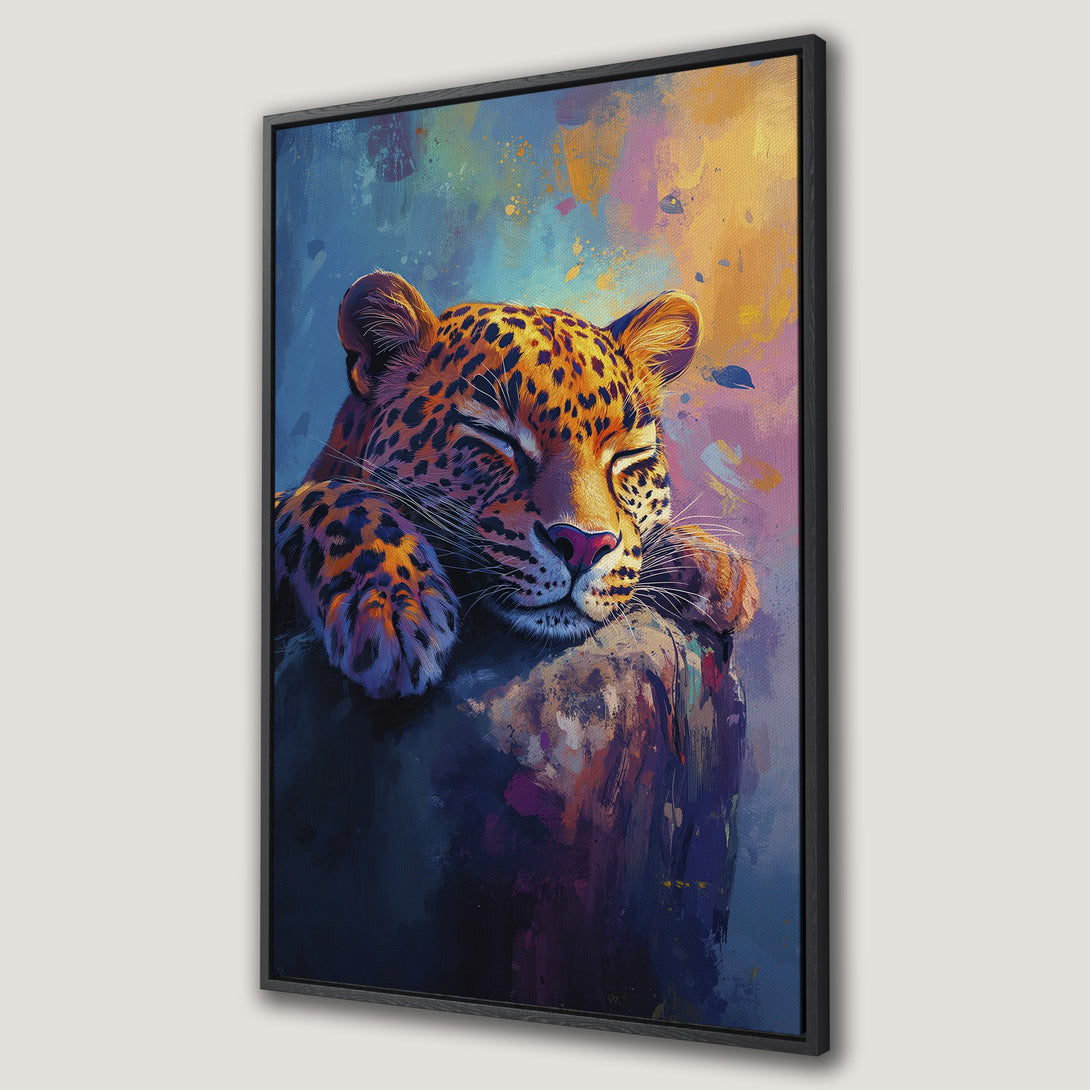 Framed Wall Art: Sleeping leopard canvas print. Vibrant, painterly style with warm orange, blue, and purple hues. Perfect wildlife decor for your home.