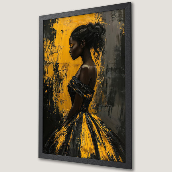 Framed Poster featuring an elegant woman in black and gold, abstract art style with a striking color palette.