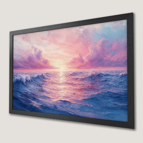 Framed Poster of ocean waves at sunset. Artistic style, pink & blue color palette. Perfect wall art!