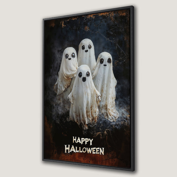 Framed Wall Art: Spooky Halloween ghosts on a dark, textured background. A unique piece of art with a vintage style and a warm, earthy color palette. Perfect for Halloween decor!