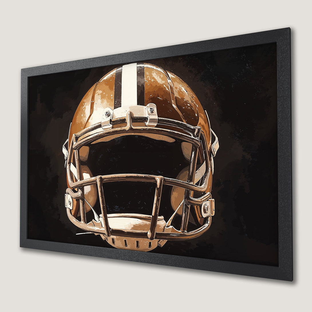 Framed Poster featuring a football helmet in a vintage style with a brown and black color palette. Perfect for sports fans!