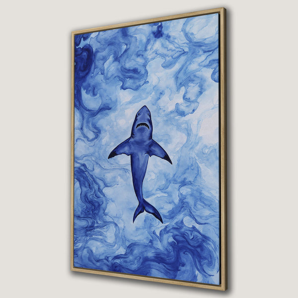 Framed Wall Art: Watercolor shark in shades of blue. Modern canvas print adds coastal style to any room. Shop now for ocean-inspired decor!